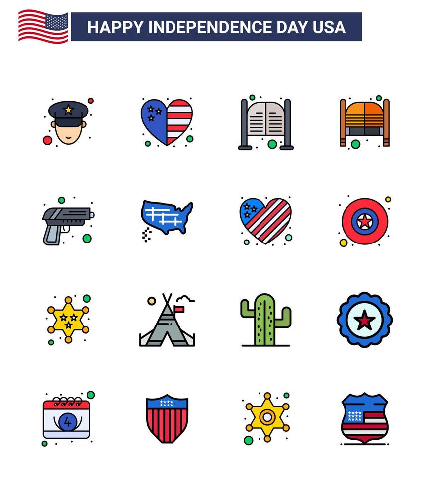 Stati Uniti d'America contento indipendenza pictogram impostato di 16 semplice piatto pieno Linee di stati arma porte esercito pistola modificabile Stati Uniti d'America giorno vettore design elementi