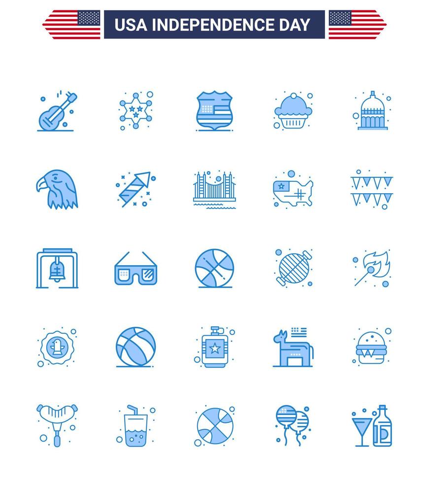 Stati Uniti d'America contento indipendenza pictogram impostato di 25 semplice blues di casa di stato Indiana scudo focaccina torta modificabile Stati Uniti d'America giorno vettore design elementi