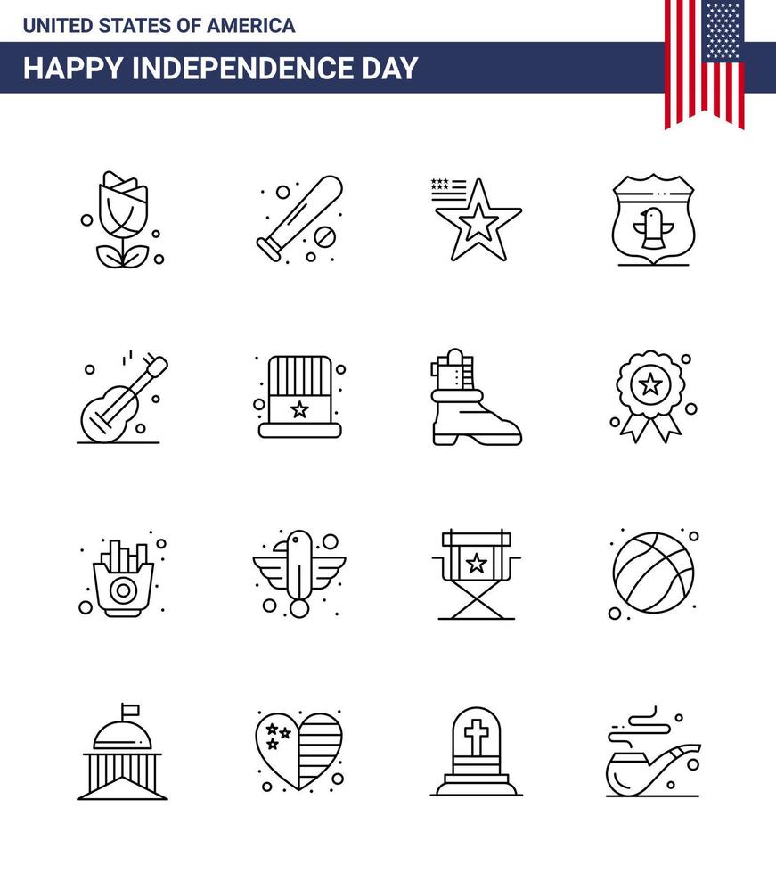 Stati Uniti d'America contento indipendenza pictogram impostato di 16 semplice Linee di guiter americano Stati Uniti d'America Stati Uniti d'America Stati Uniti d'America modificabile Stati Uniti d'America giorno vettore design elementi