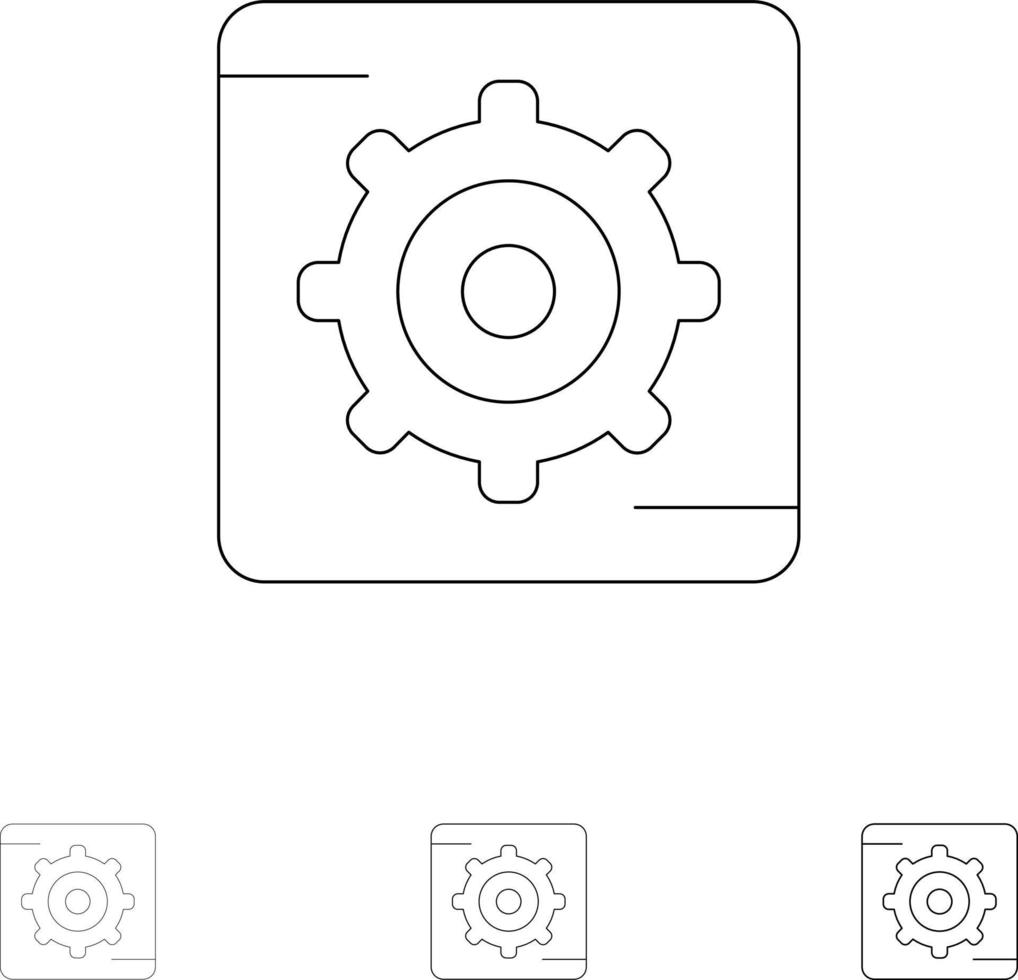 Ingranaggio ambientazione scatola grassetto e magro nero linea icona impostato vettore