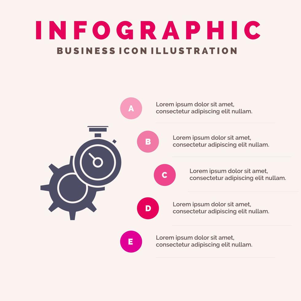 Timer tempo Ingranaggio ambientazione orologio solido icona infografica 5 passaggi presentazione sfondo vettore