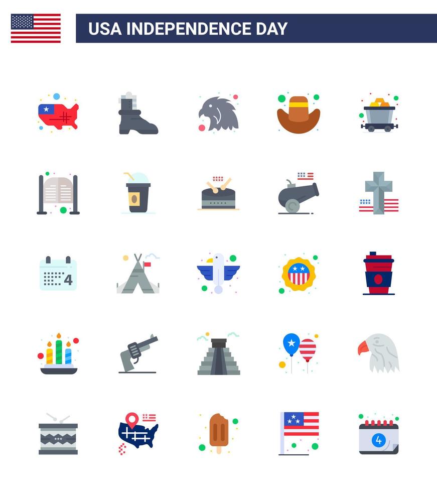 25 Stati Uniti d'America piatto segni indipendenza giorno celebrazione simboli di porte rotaia uccello il mio cappello modificabile Stati Uniti d'America giorno vettore design elementi
