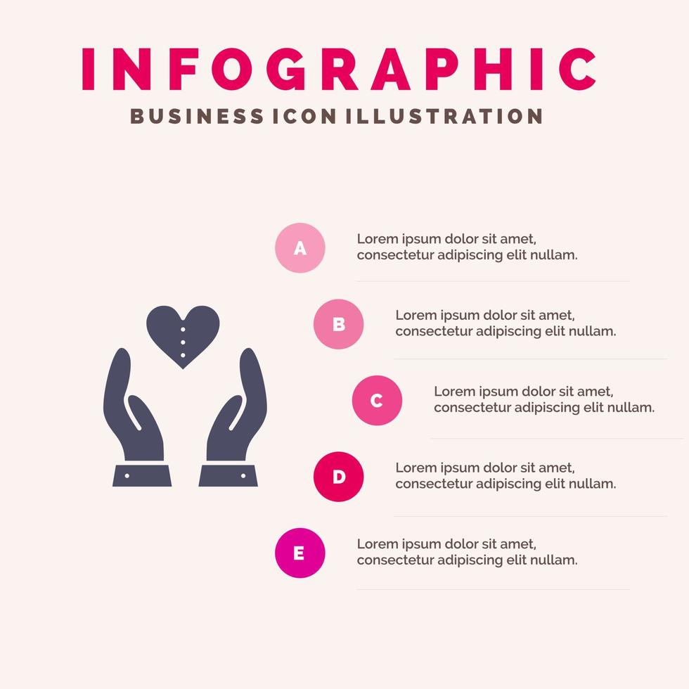 cura compassione sentimenti cuore amore solido icona infografica 5 passaggi presentazione sfondo vettore