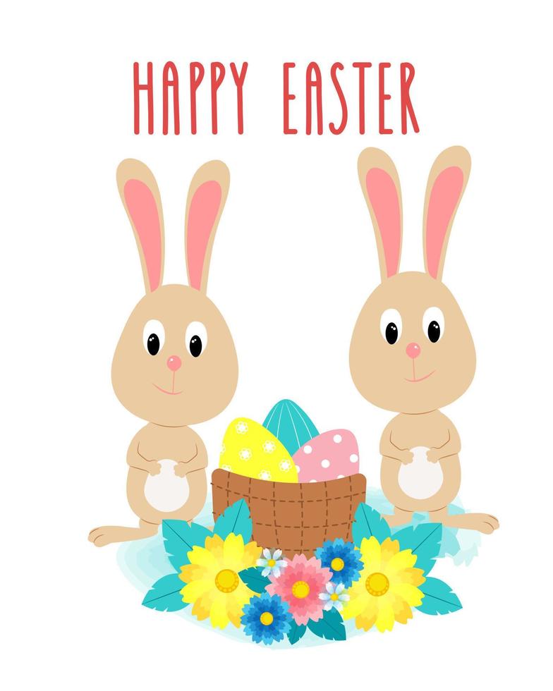 Due carino coniglietti e cestino con uova decorato con fiori Pasqua carta, vettore saluto carta per Pasqua.