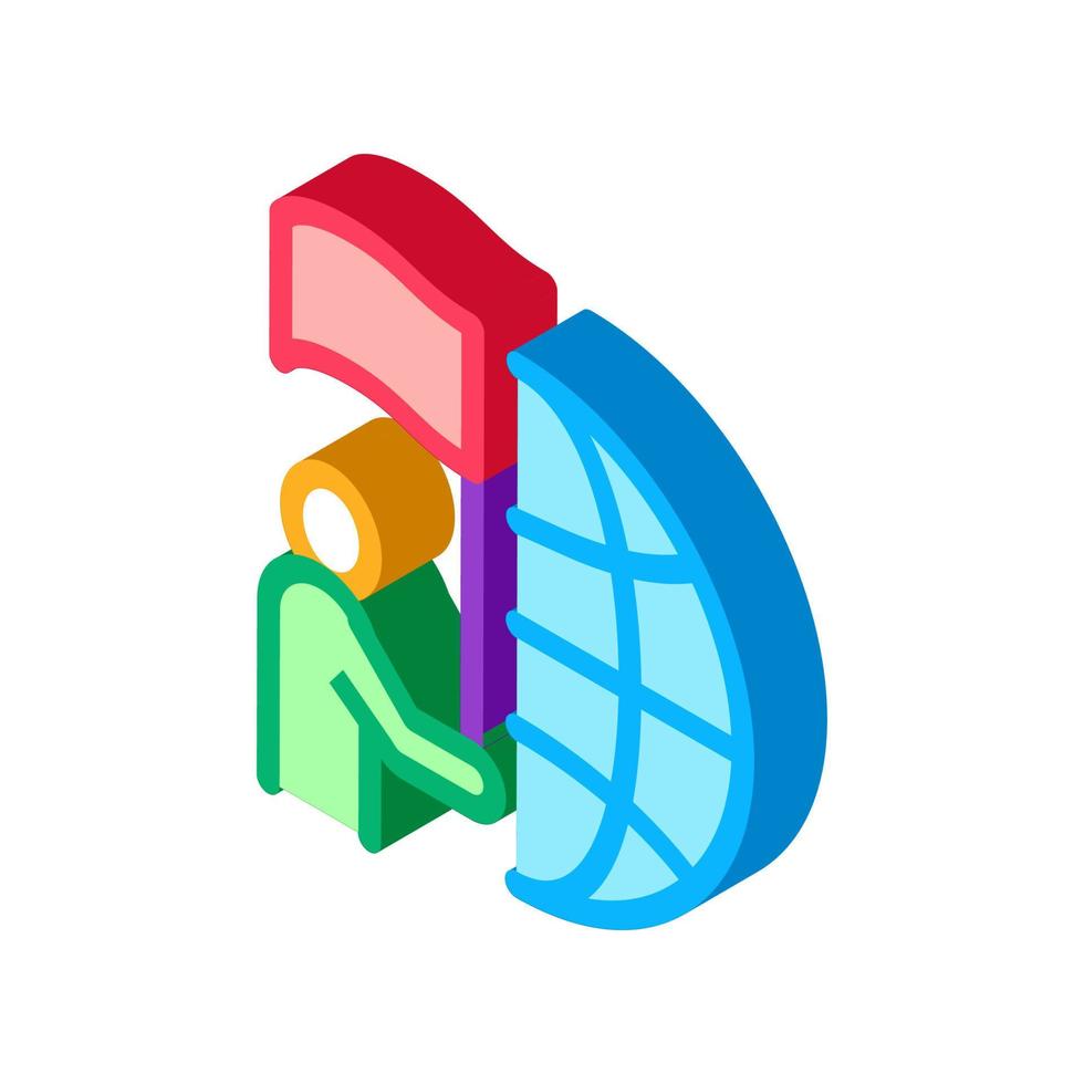 umano hold bandiera e scelta posto su terra isometrico icona vettore illustrazione