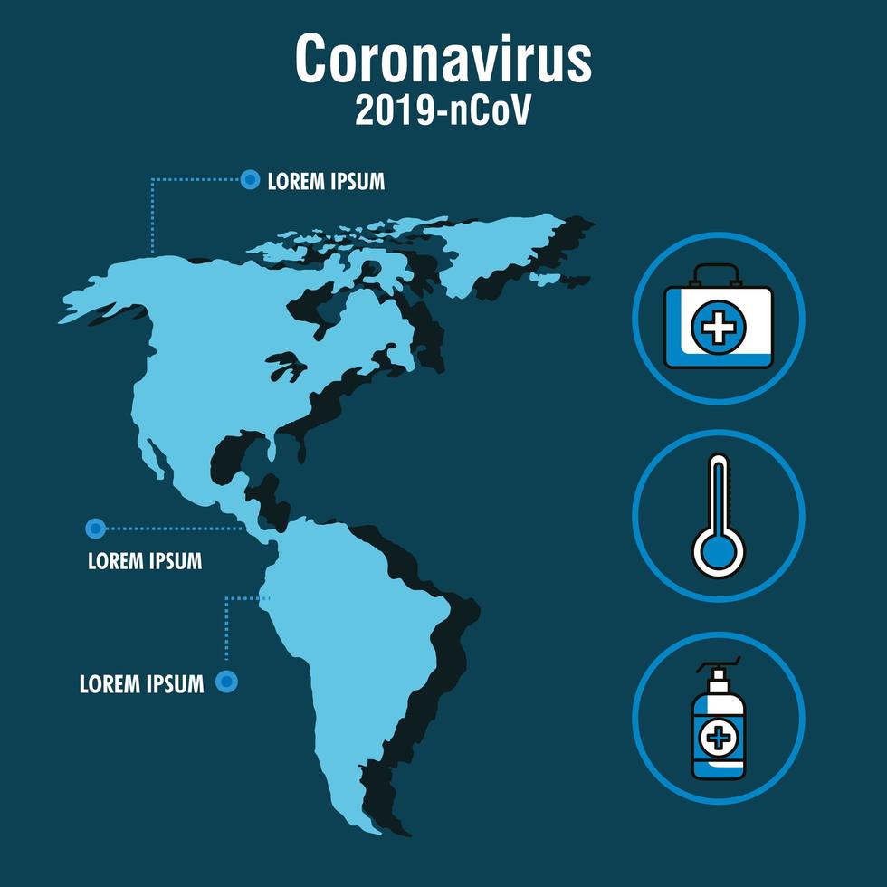 Mappa del continente americano con covid-19, banner pandemico vettore