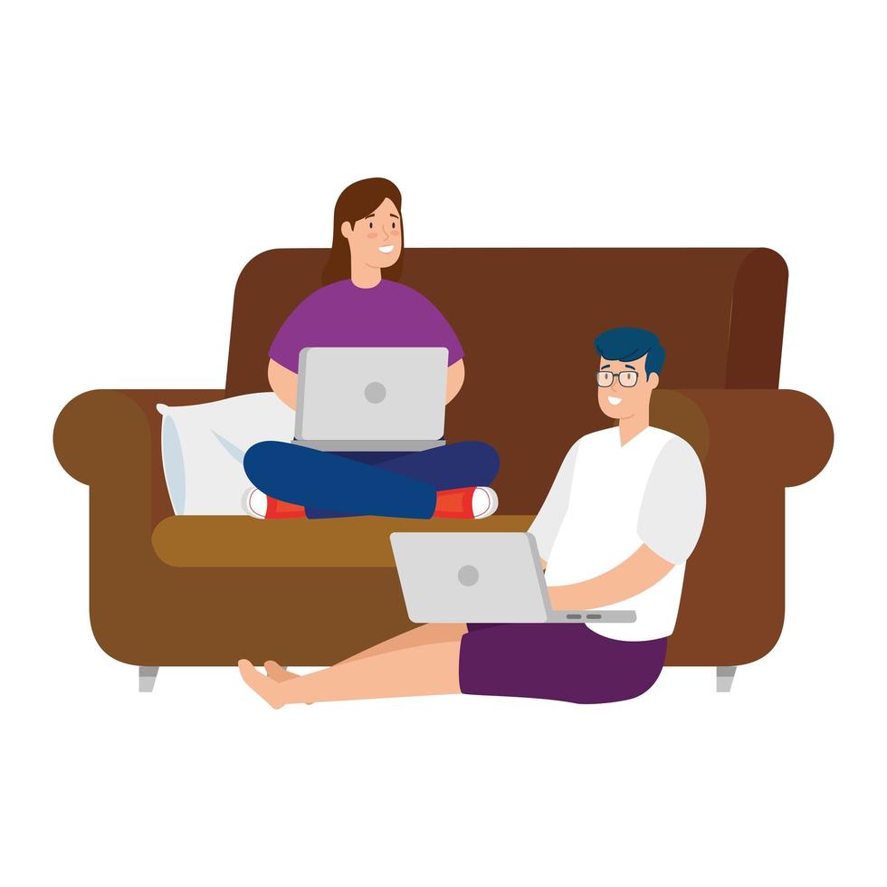 uomini che lavorano con i loro laptop sul divano vettore