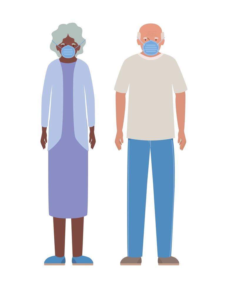 donna e uomo anziani con maschere contro il design covid 19 vettore