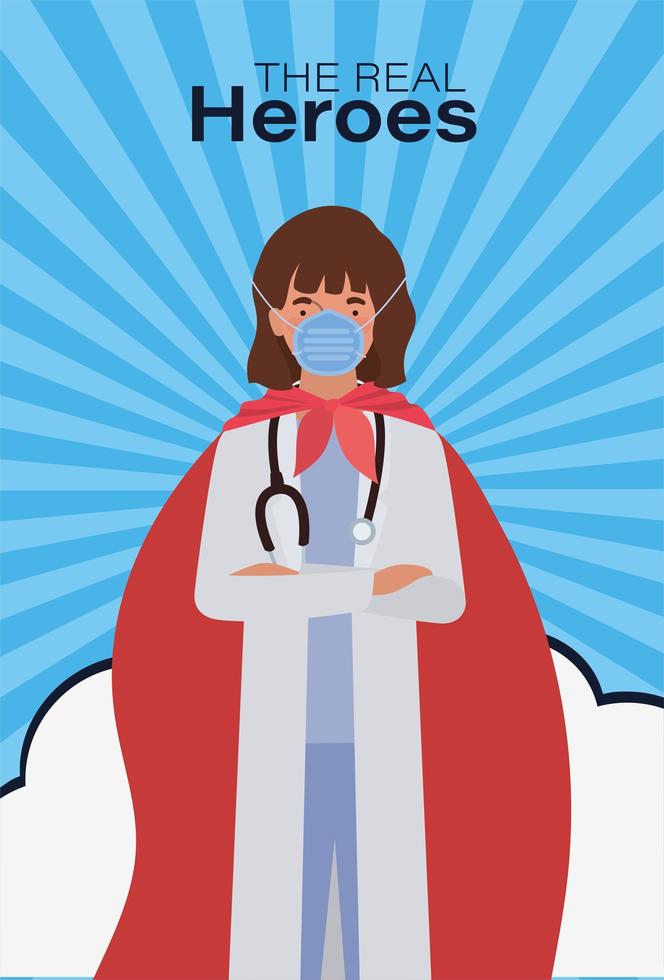 eroe medico donna con mantello contro disegno vettoriale 2019
