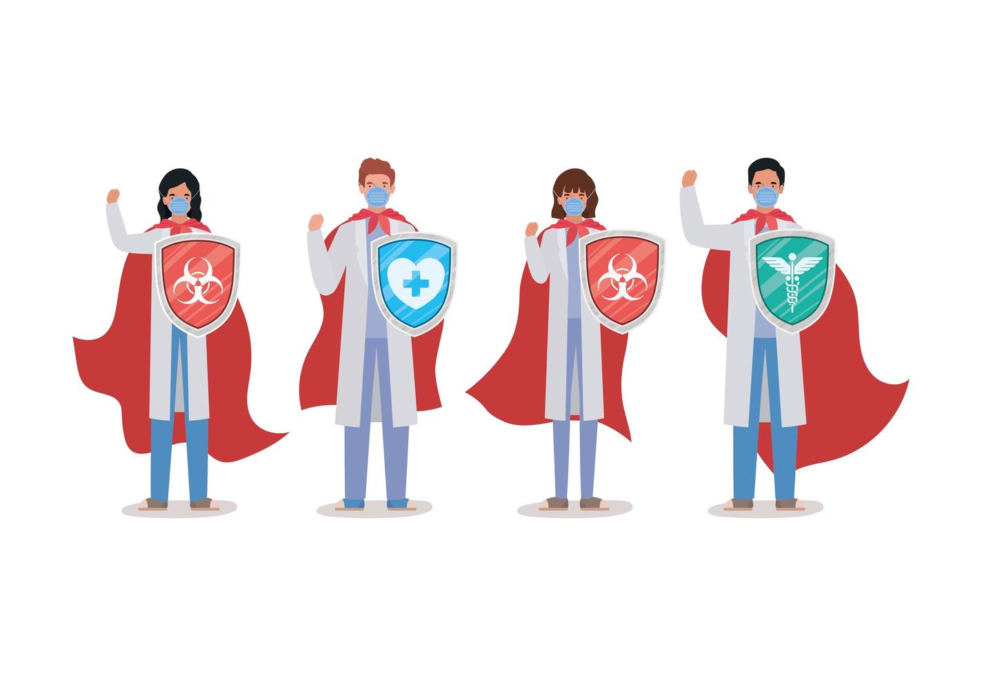 donne e uomini medici eroi con mantelli e scudi contro il disegno vettoriale del virus ncov 2019