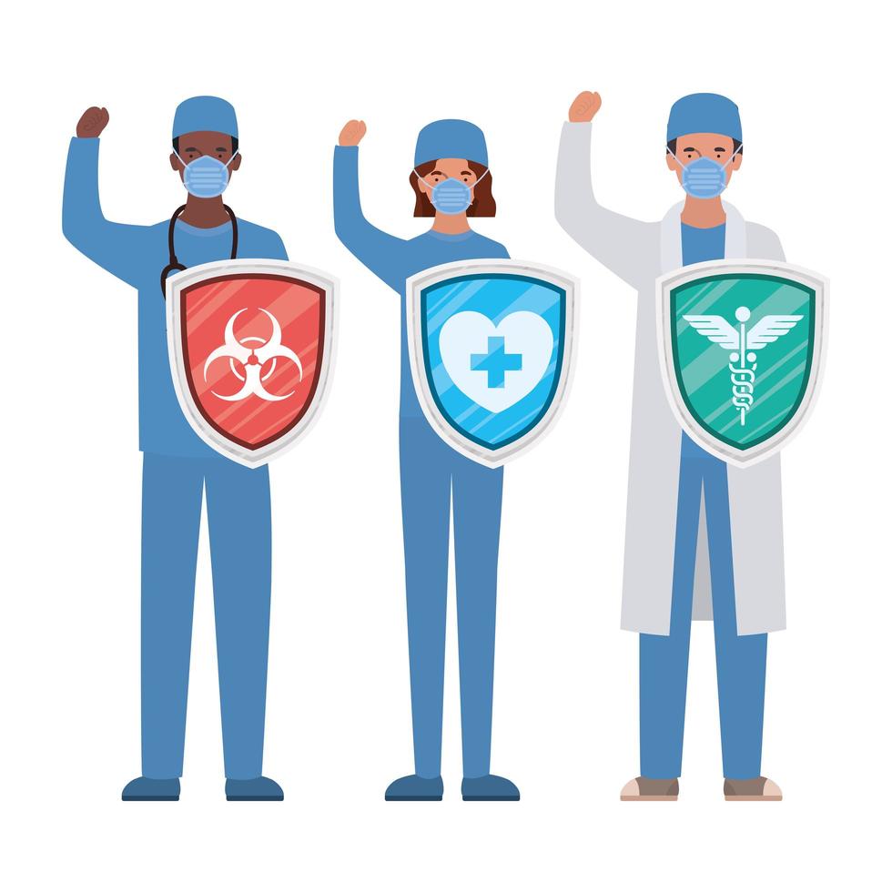 donne e uomini medici eroi con scudi contro il disegno vettoriale del virus ncov 2019