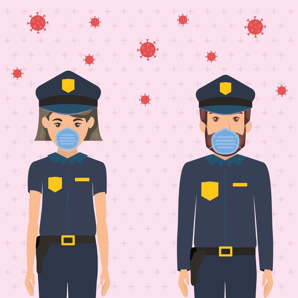 poliziotta e poliziotto con maschere contro il disegno vettoriale del virus ncov 2019