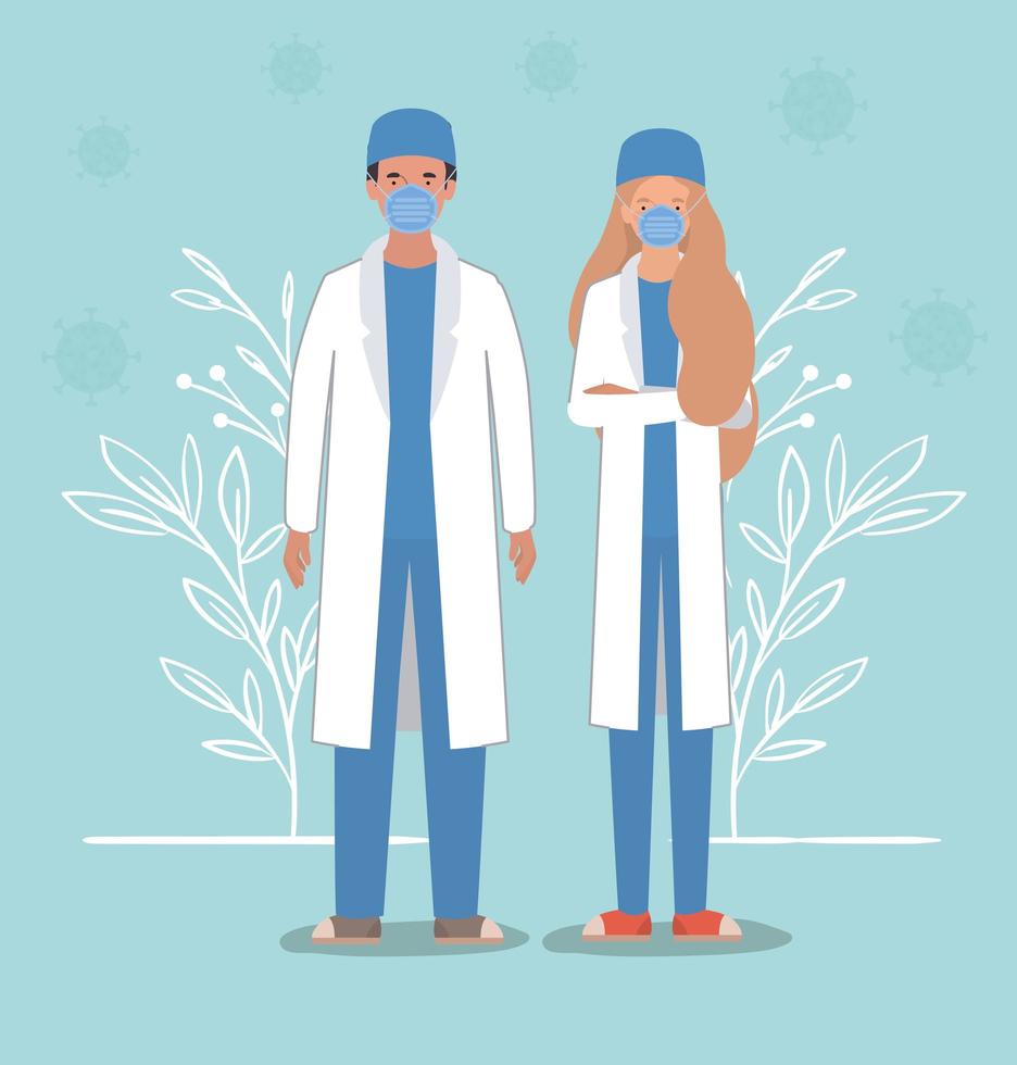 medici donna e uomo con maschere contro il disegno vettoriale del virus ncov 2019