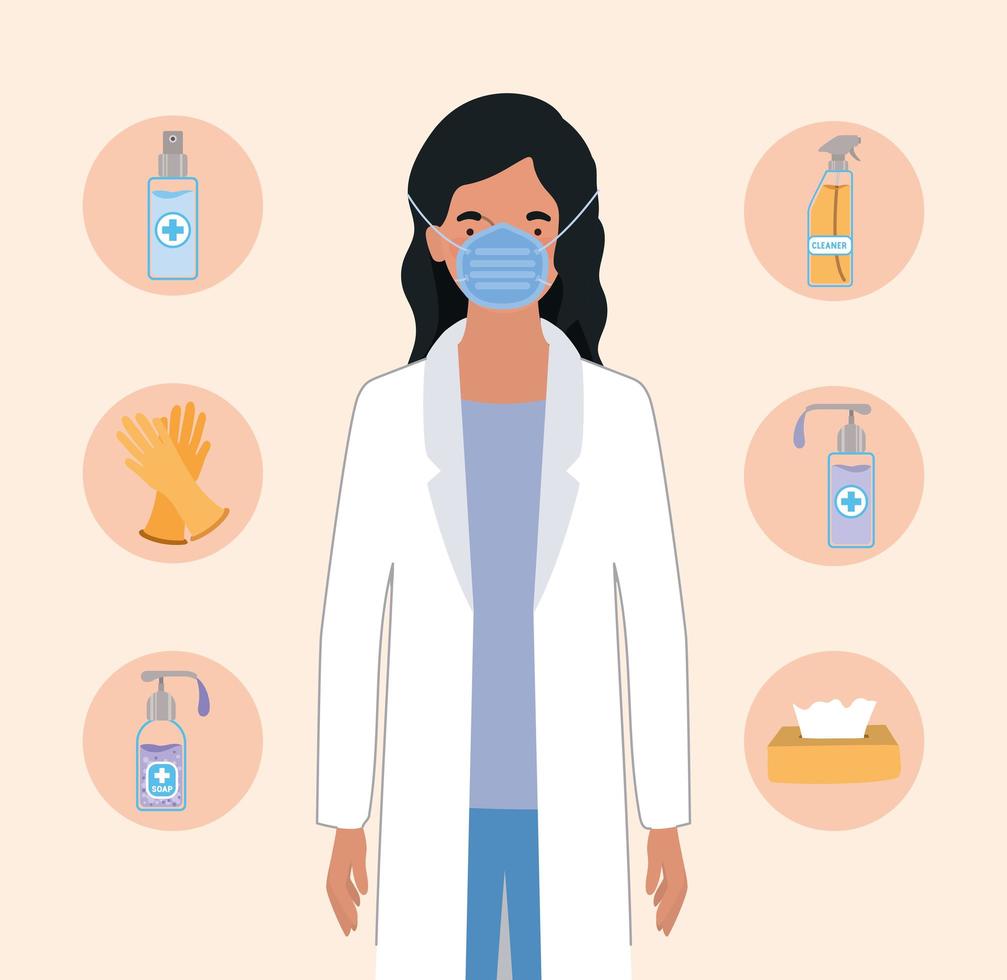 donna medico con maschera e prodotti per l'igiene contro il disegno vettoriale del virus ncov 2019