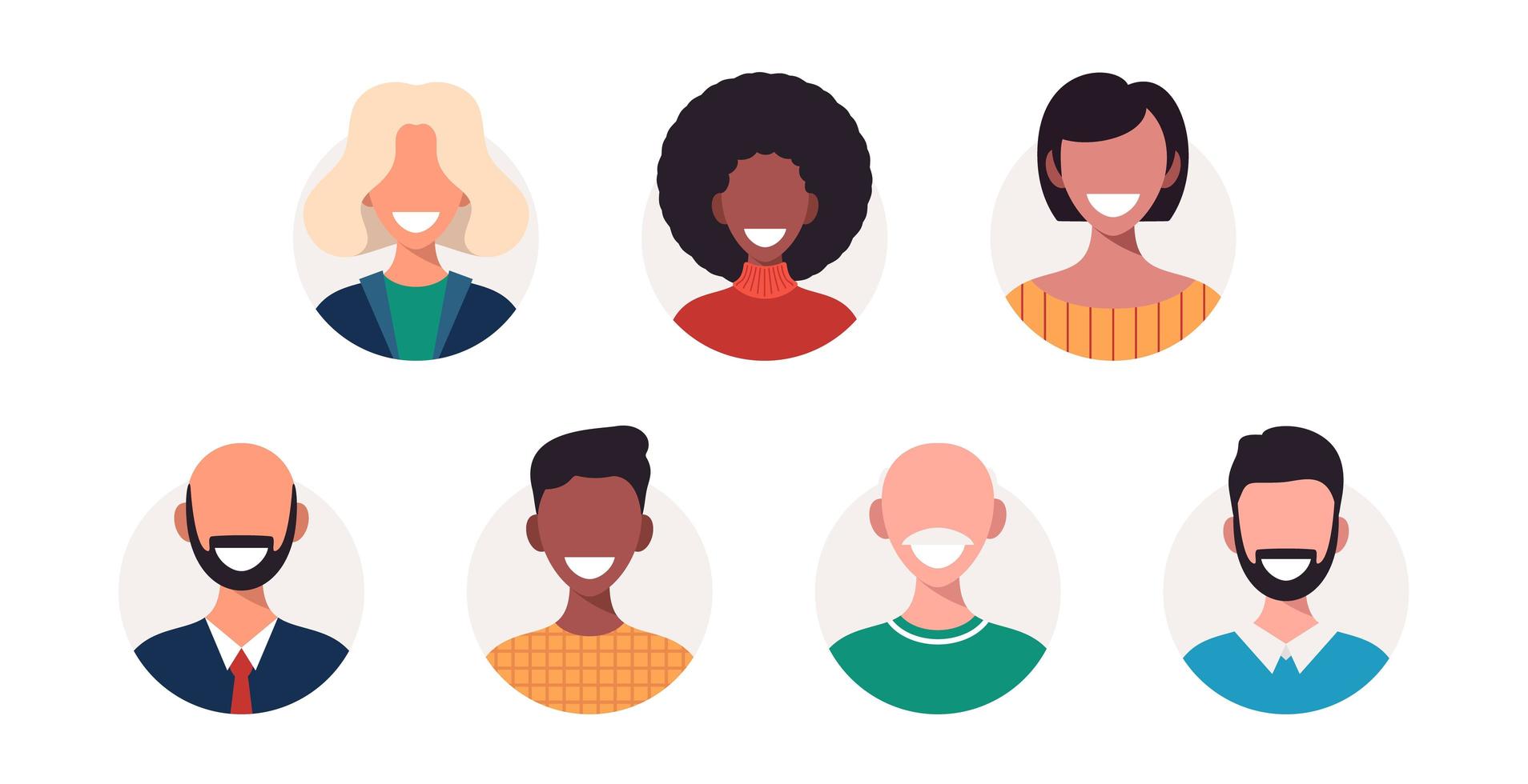 set di avatar di persone felici di diverse razze ed età. ritratti di uomini e donne. illustrazione vettoriale in stile cartone animato.