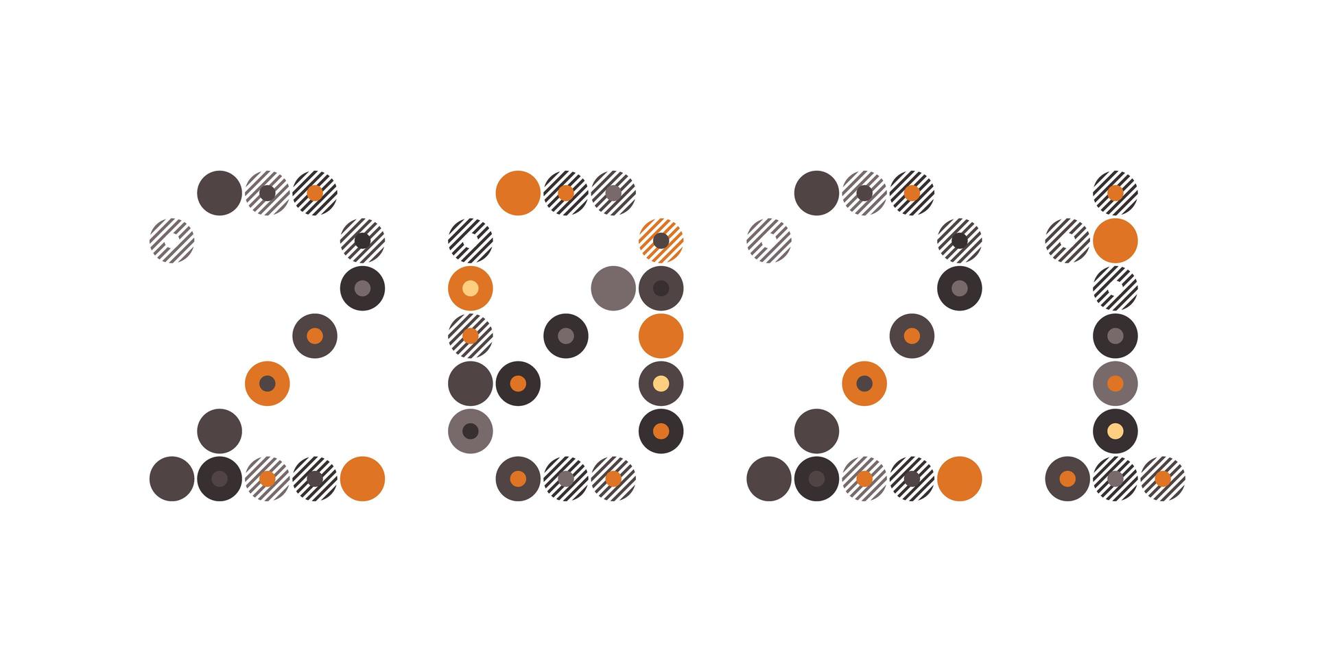 felice anno nuovo 2021 vettore cerchio pixel art tipografia. illustrazione della cartolina d'auguri di vacanze. lettere da strisce, cerchi e punti. poster geometrici del nuovo anno come il tabellone segnapunti elettronico.