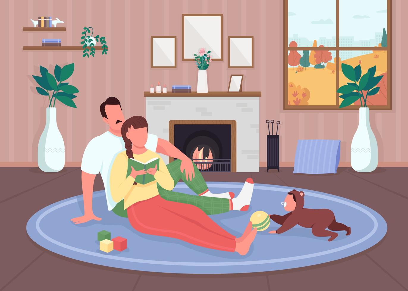 famiglia rilassarsi a casa illustrazione vettoriale di colore piatto