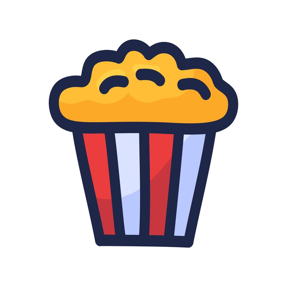disegno dell'icona di popcorn. scatola di popcorn isolati su sfondo bianco. mano disegnare fumetto doodle illustrazione vettoriale. vettore