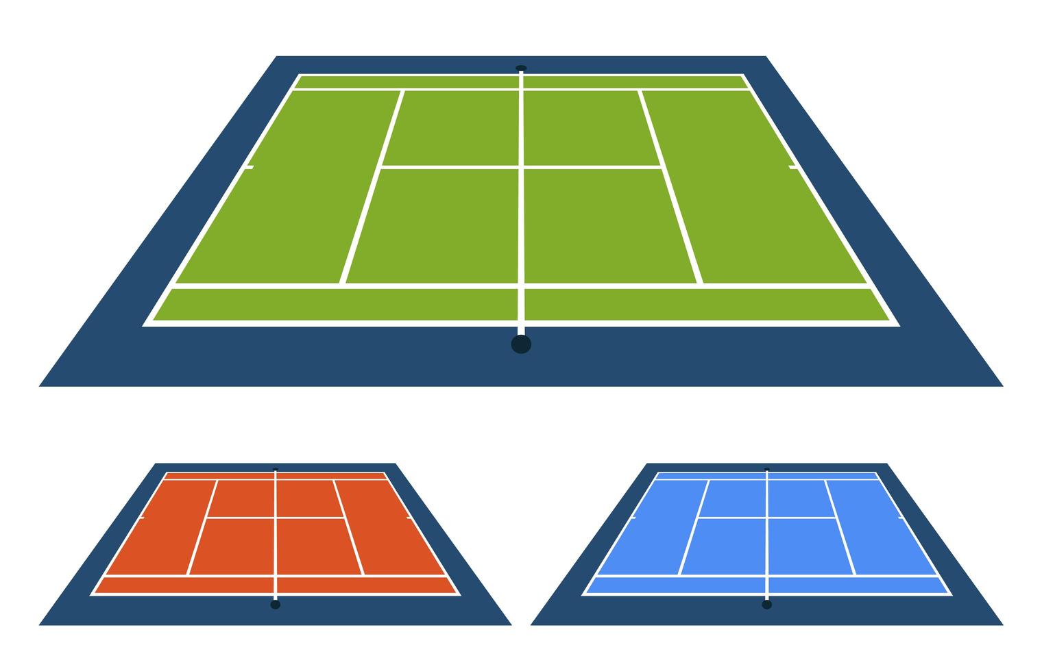 illustrazione vettoriale set di campo da tennis con superficie diversa dalla vista laterale superiore.