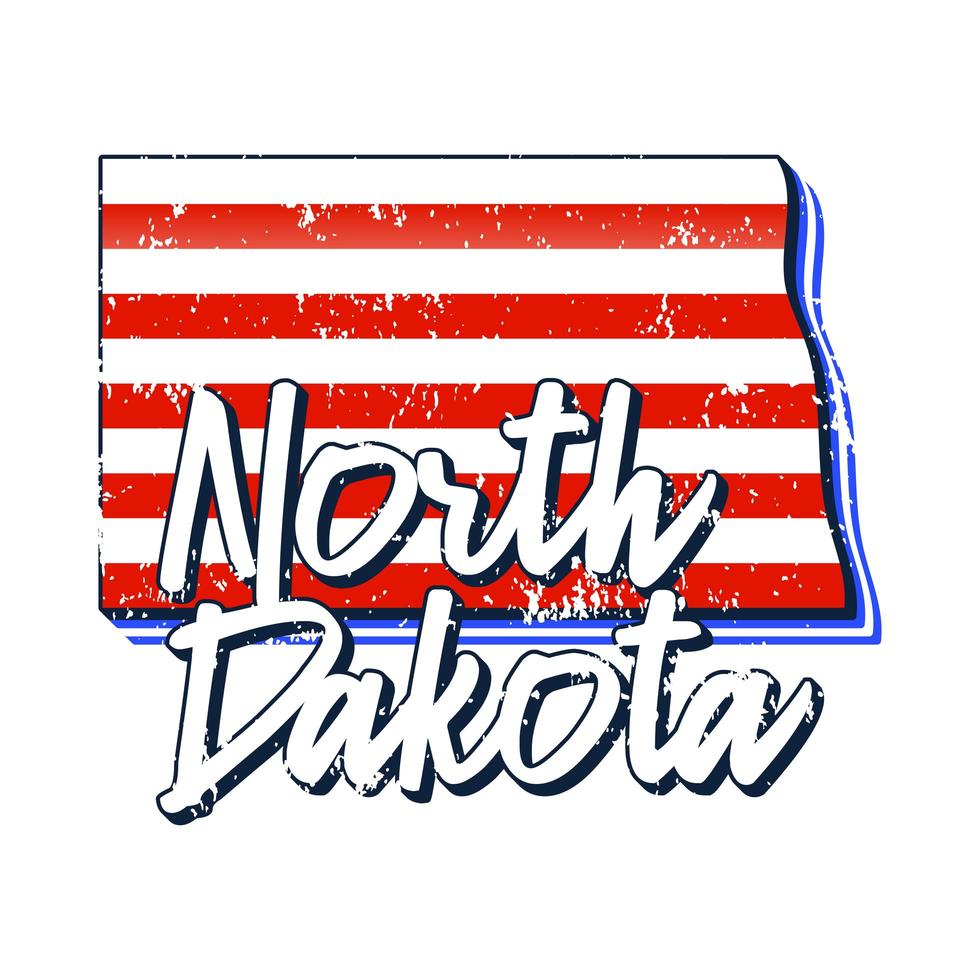 bandiera americana nella mappa dello stato del dakota del nord. vettore stile grunge con tipografia disegnati a mano scritte dakota del nord sulla mappa a forma di vecchia bandiera nazionale americana vintage grunge isolato su sfondo bianco