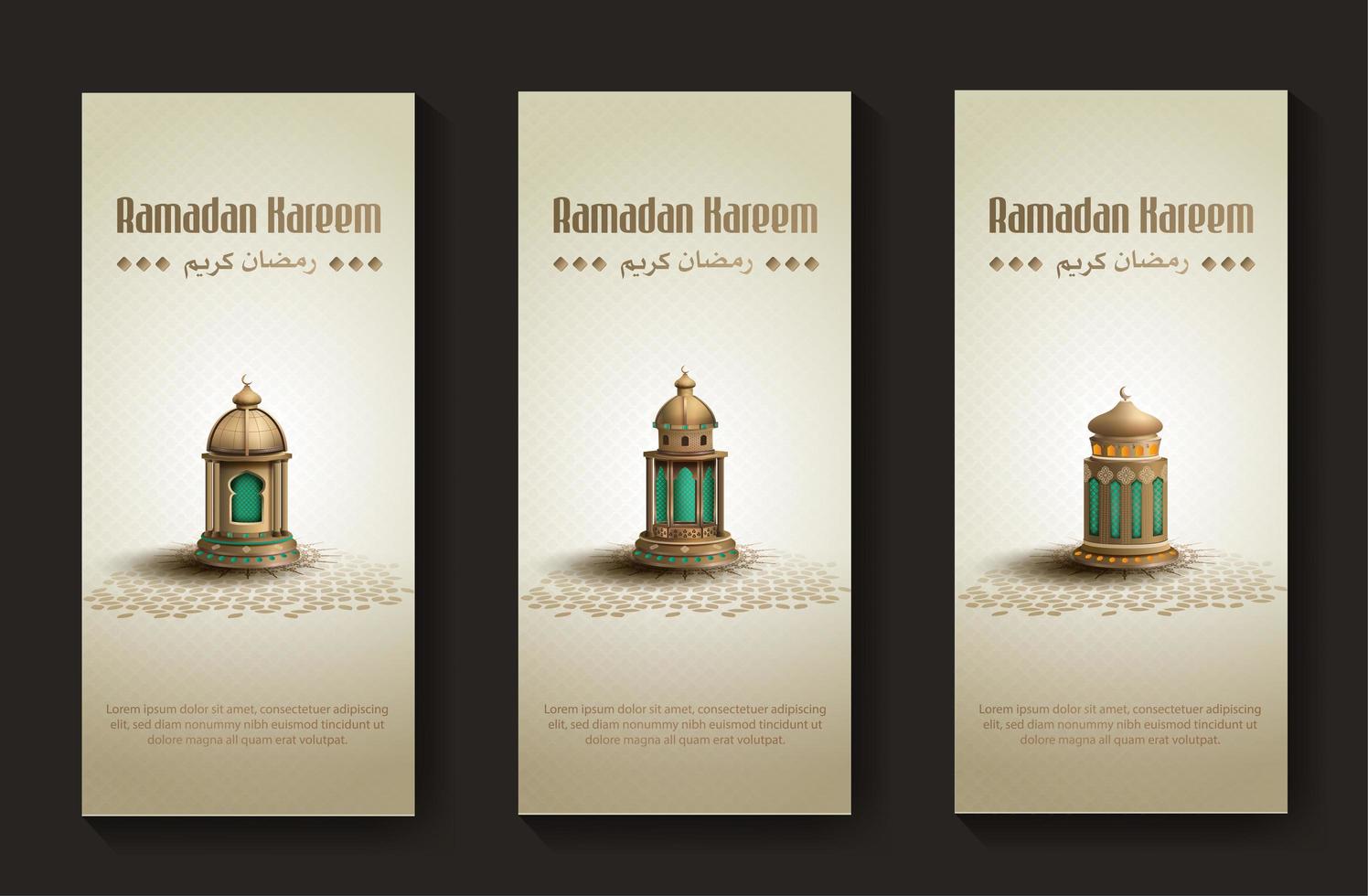 set di saluti islamici ramadan kareem card design template con bellissime lanterne dorate vettore