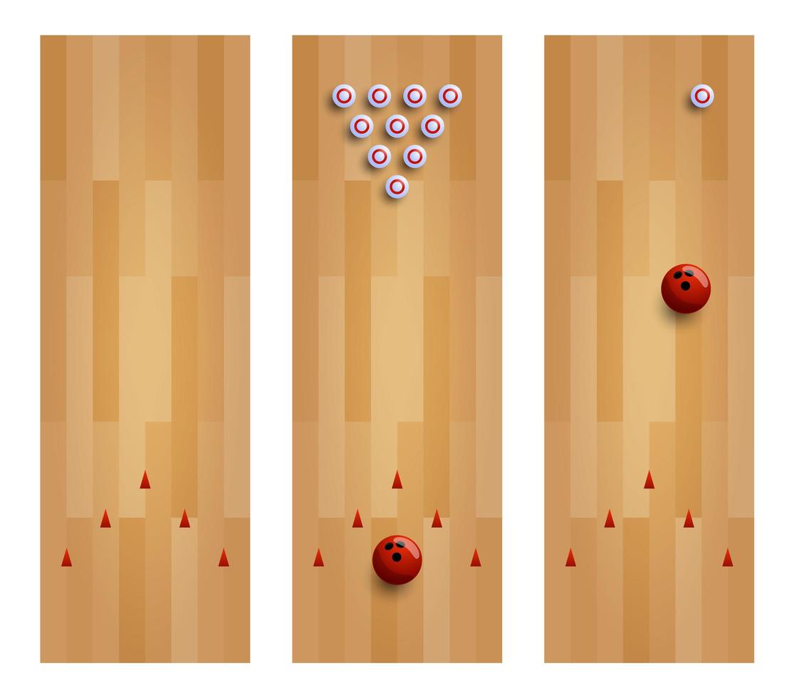 illustrazione di una collezione di piste da bowling. impostare tre piste da bowling con illustrazione vettoriale pin e palla