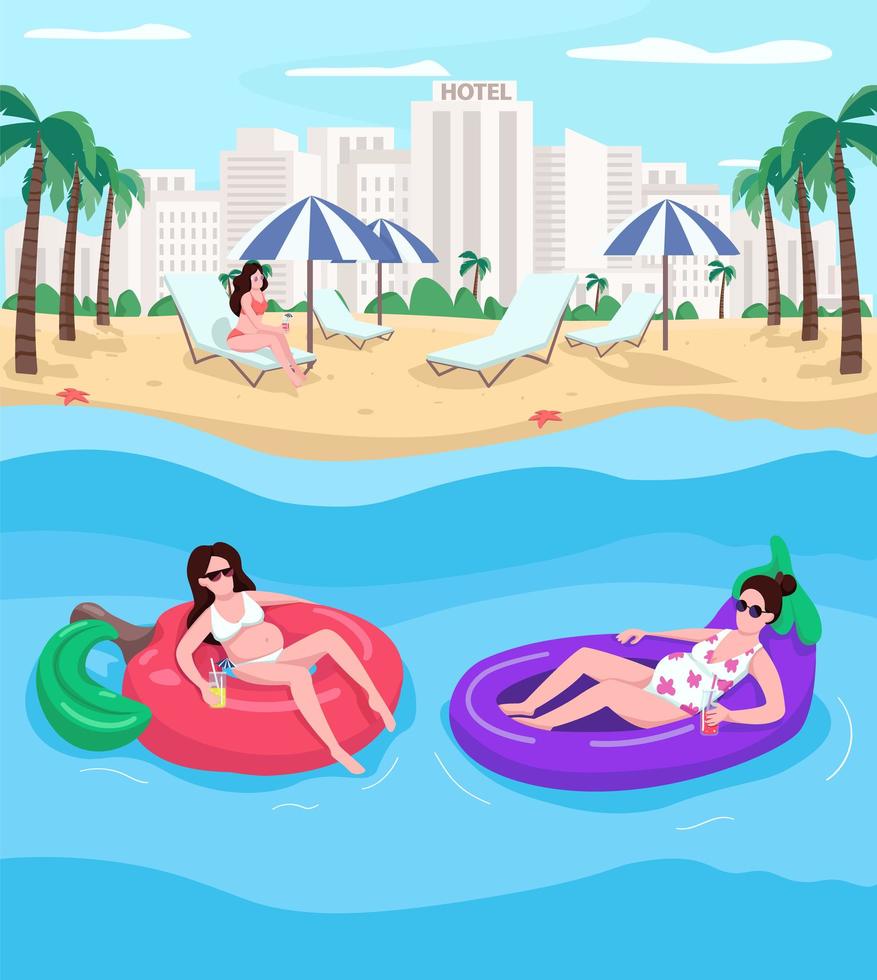 donne incinte che riposano all'illustrazione di vettore di colore piatto della spiaggia