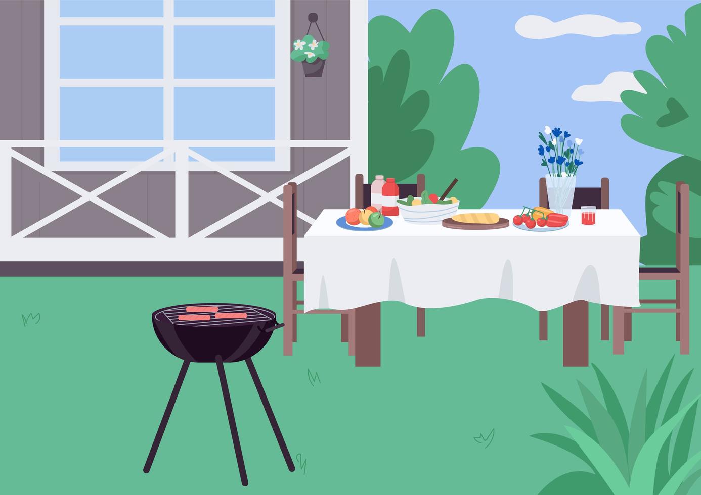 illustrazione di vettore di colore piatto del cortile della casa barbecue