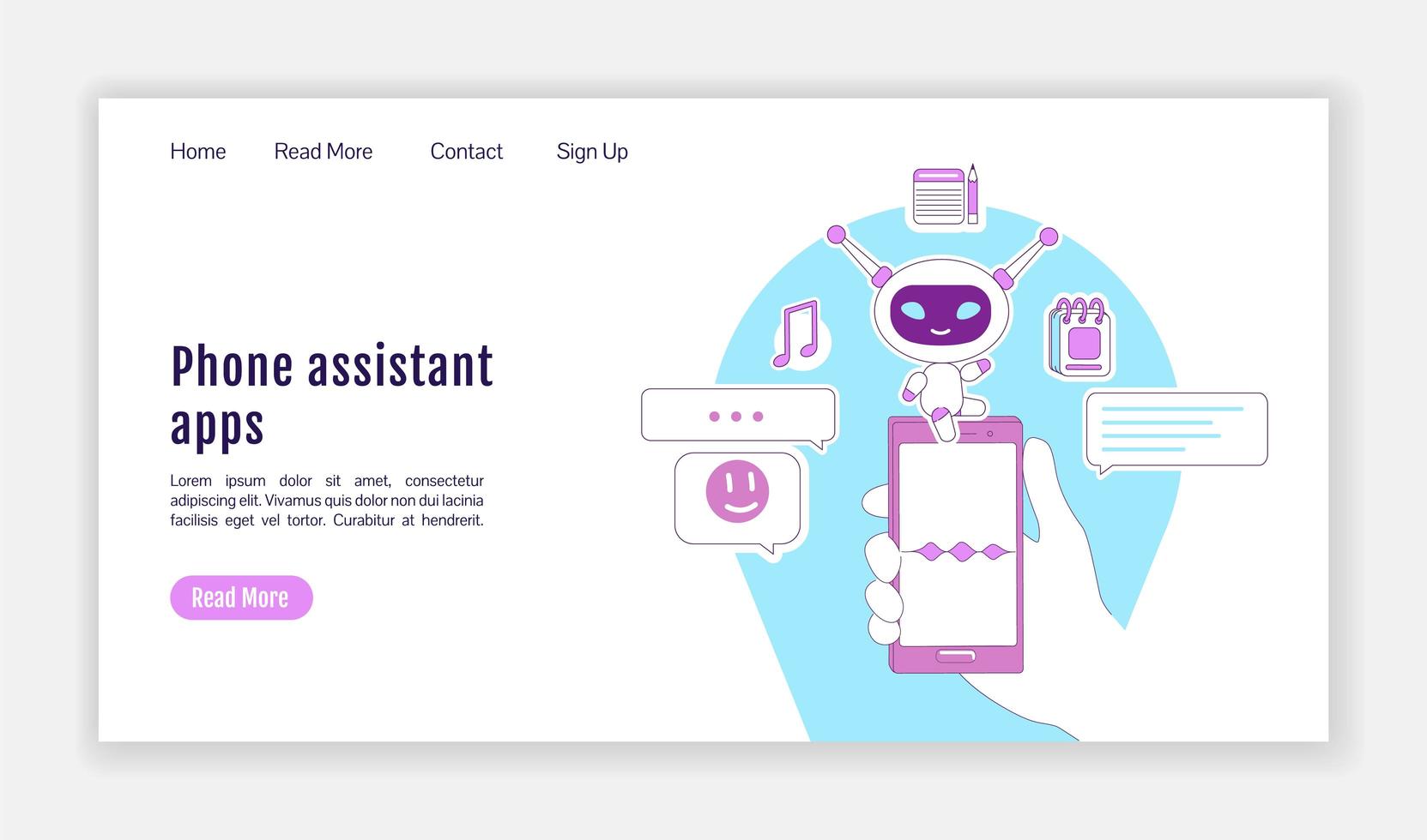 modello di vettore di sagoma piatta della pagina di destinazione delle app di assistente telefonico