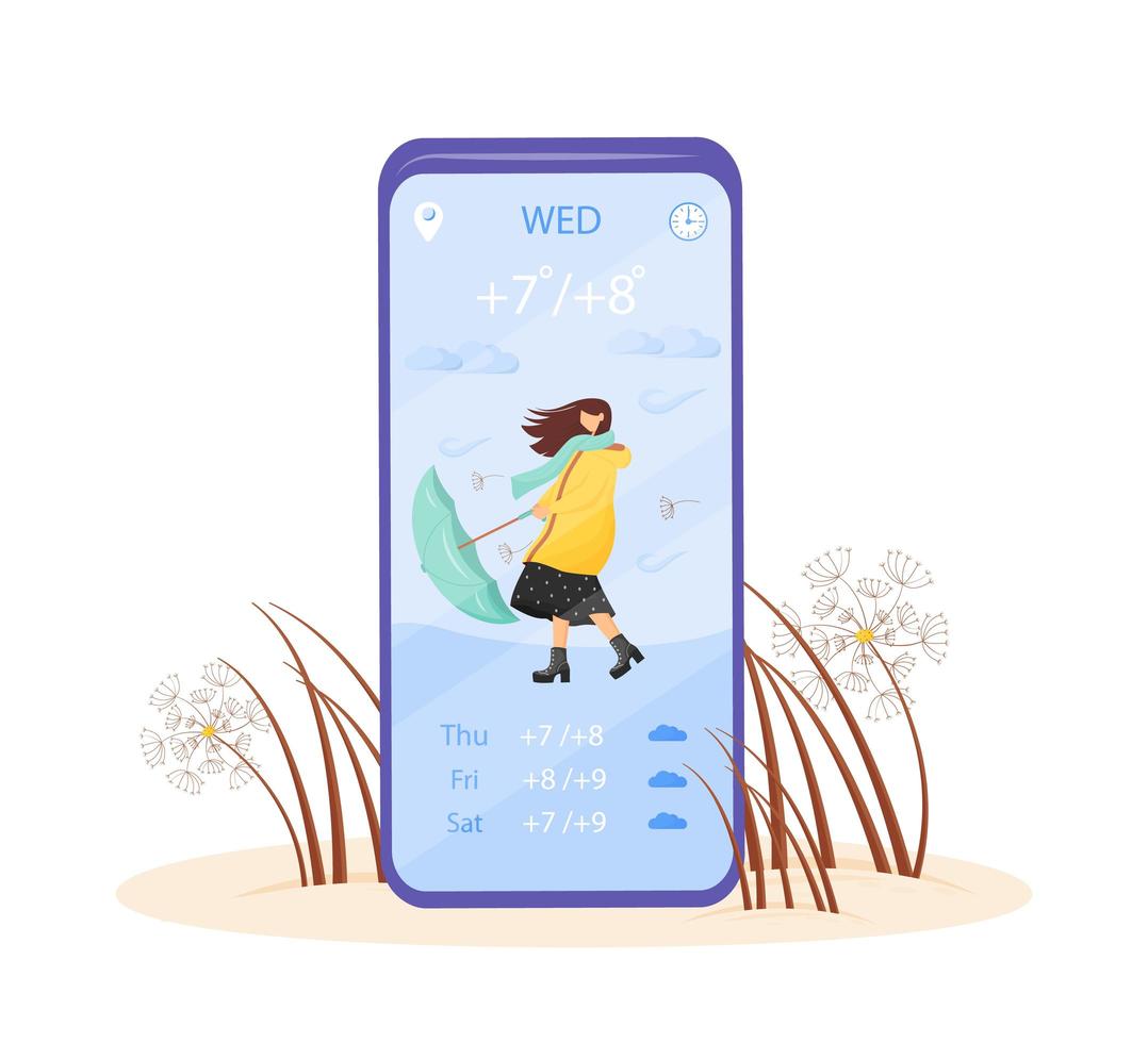 schermata di app di vettore dello smartphone del fumetto delle previsioni del tempo