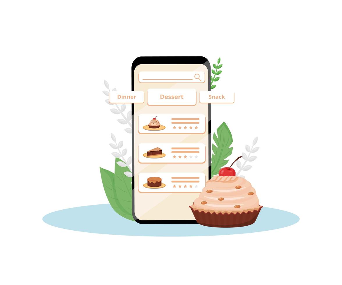 illustrazione piana di vettore di concetto dell'applicazione mobile di valutazione di qualità dei dessert in linea