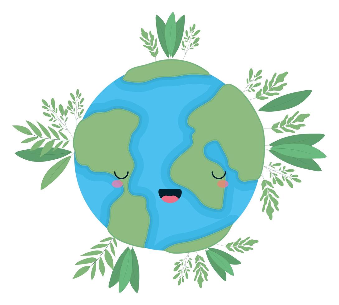Kawaii mondo sfera cartoon con foglie disegno vettoriale