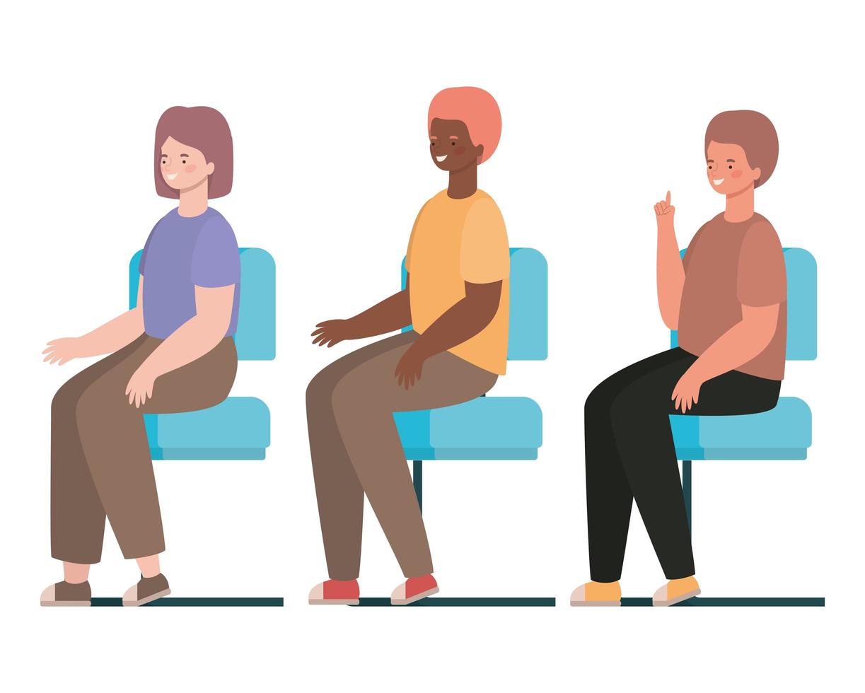 cartoni animati di uomini e donne felici seduti sui sedili disegno vettoriale