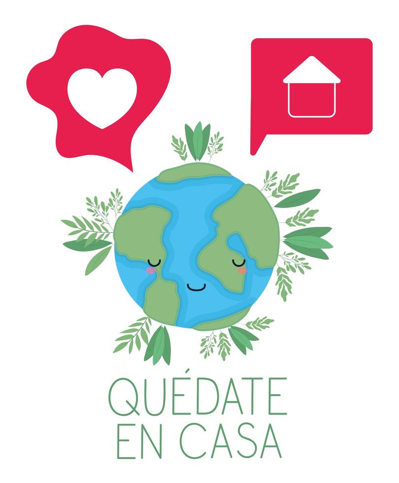 kawaii world cartoon e quedate en casa text vector design