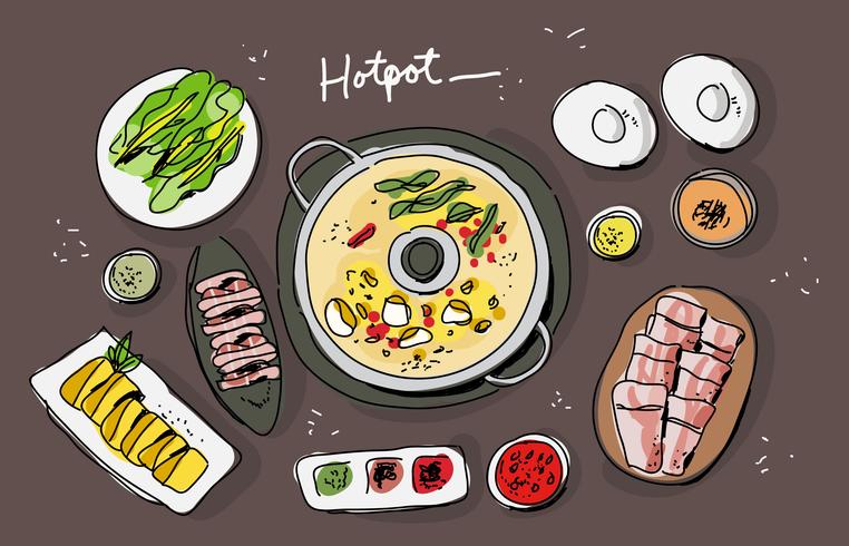 Illustrazione disegnata a mano di vettore di vista superiore degli ingredienti di hotpot