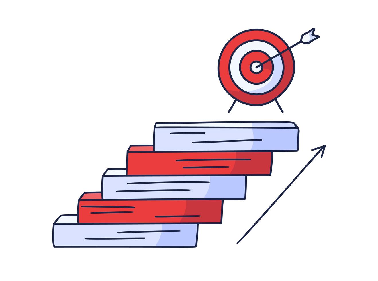 si avvicina all'obiettivo. illustrazione vettoriale doodle disegnato a mano con gradini o scale in cima alle quali è un'icona del bersaglio e della freccia. il percorso verso il successo e il raggiungimento degli obiettivi