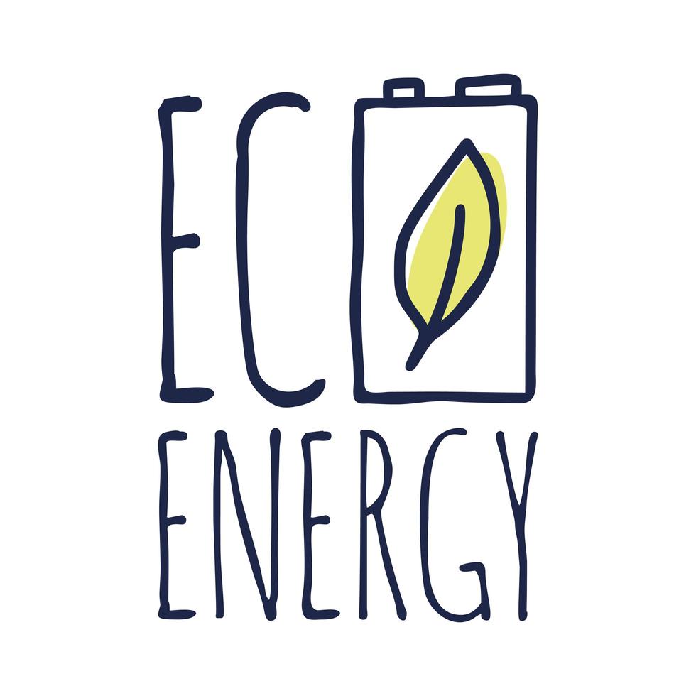 eco o energia verde. lettering energia verde con una batteria e una foglia. illustrazione vettoriale in stile doodle