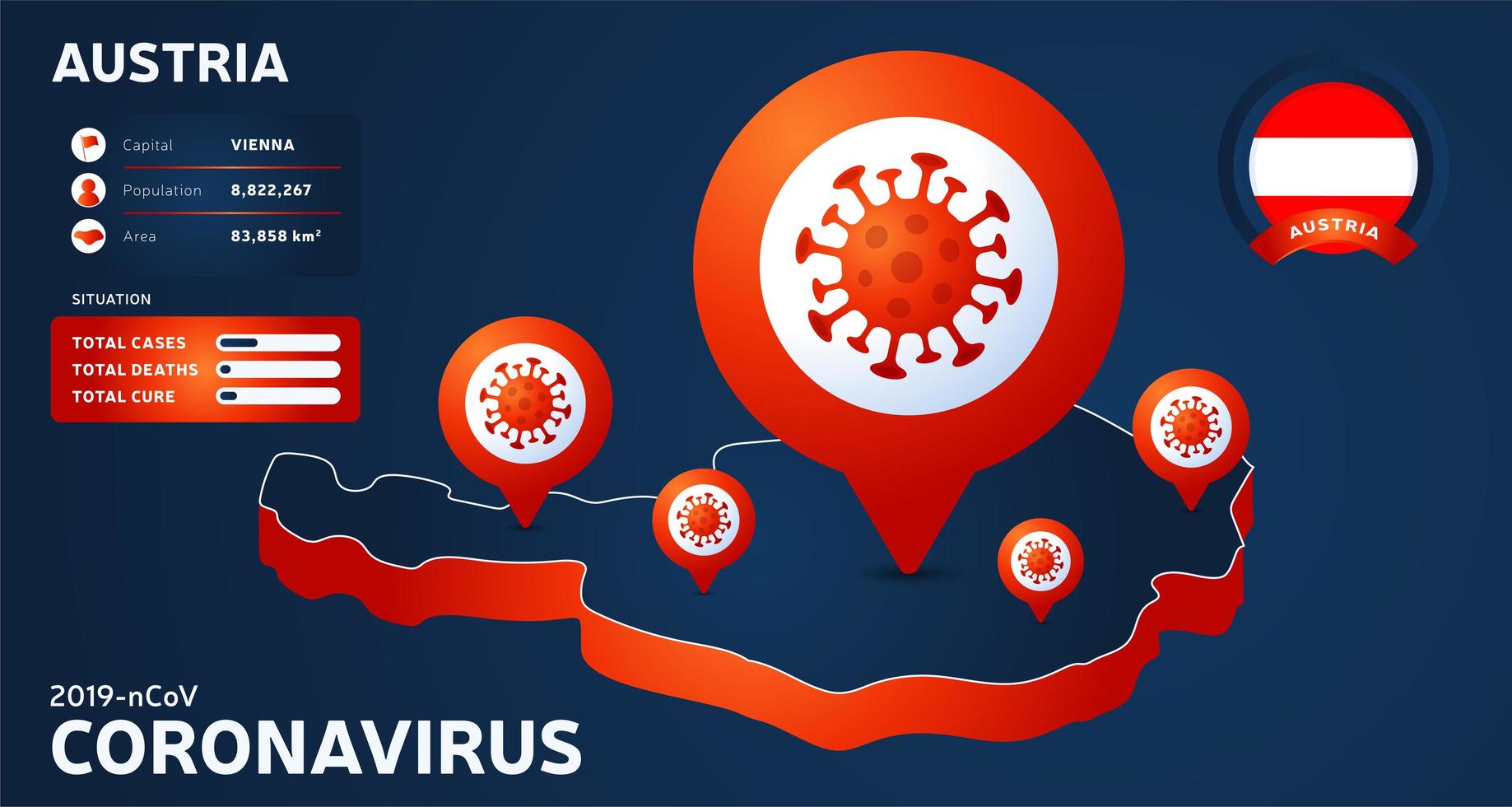 Mappa isometrica dell'austria con illustrazione vettoriale paese evidenziato su sfondo scuro. statistiche sul coronavirus.