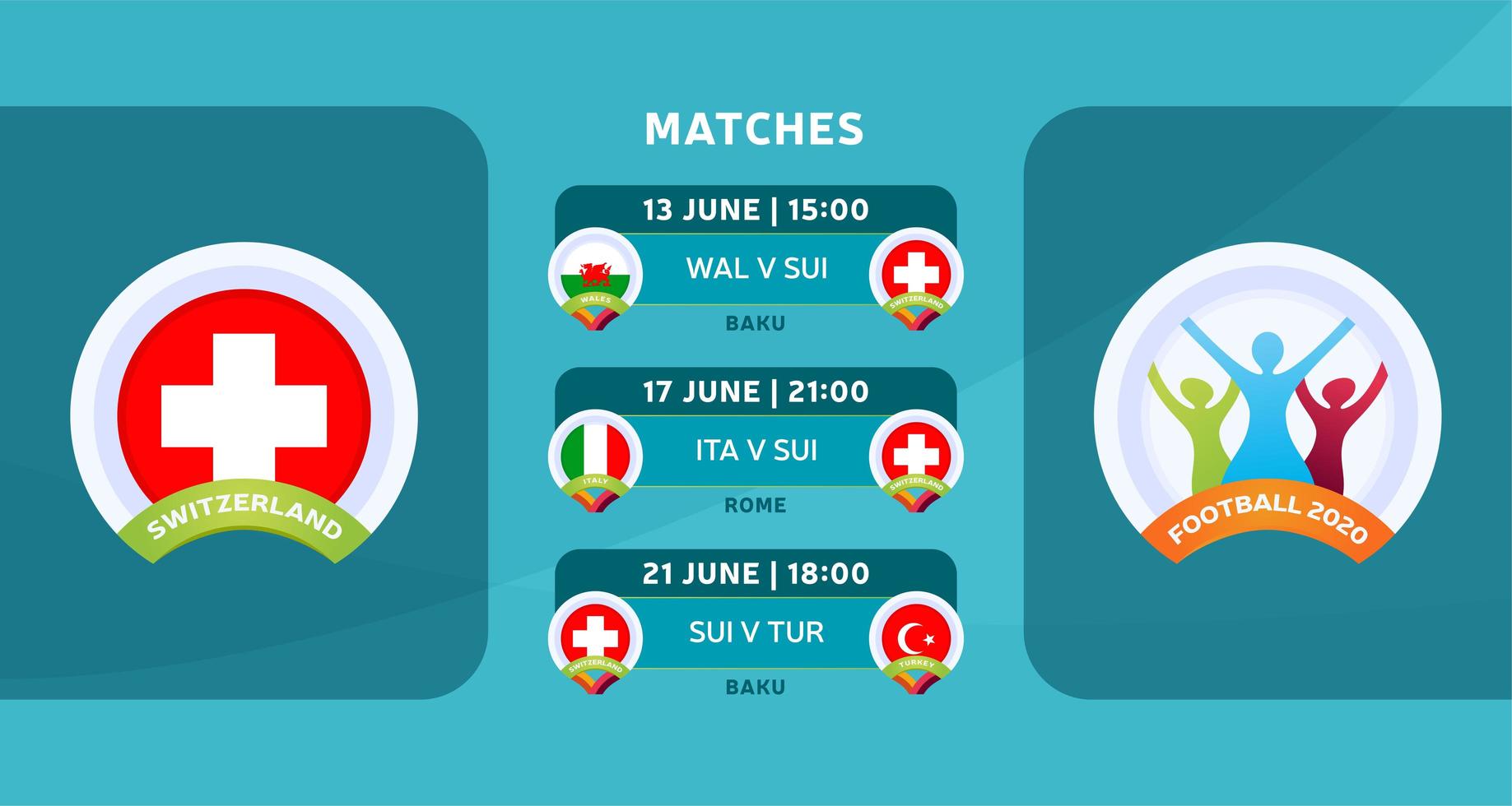 programma delle partite della squadra nazionale svizzera nella fase finale del campionato europeo di calcio 2020. illustrazione vettoriale con la ghiaia ufficiale delle partite di calcio.