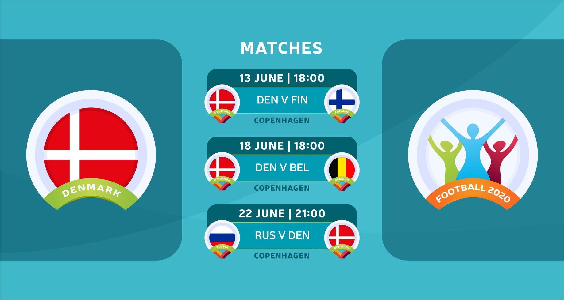 programma delle partite della squadra nazionale della Danimarca nella fase finale del campionato europeo di calcio 2020. illustrazione vettoriale con la ghiaia ufficiale delle partite di calcio.