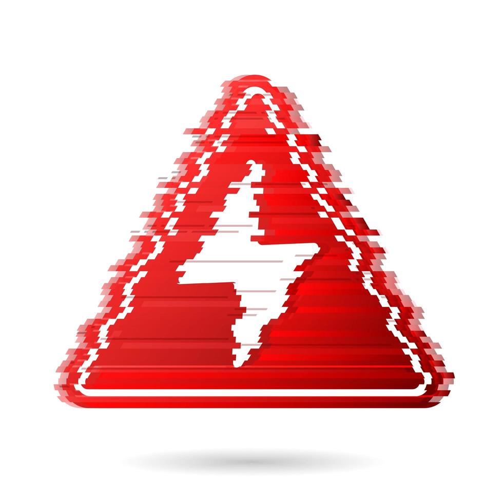 icona ad alta tensione con effetto rumore o glitch digitale. segno rosso triangolare di avvertimento del bullone. simbolo di alta tensione isolato su sfondo bianco. illustrazione vettoriale. vettore