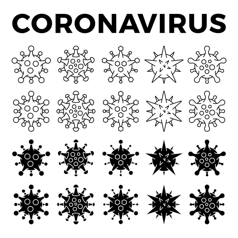 set di icone di diverse cellule virali. nuovo coronavirus 2019-ncov. virus covid 19-ncp. coronavirus ncov indicato come virus rna a filamento singolo. contorno e illustrazione vettoriale stile solido.
