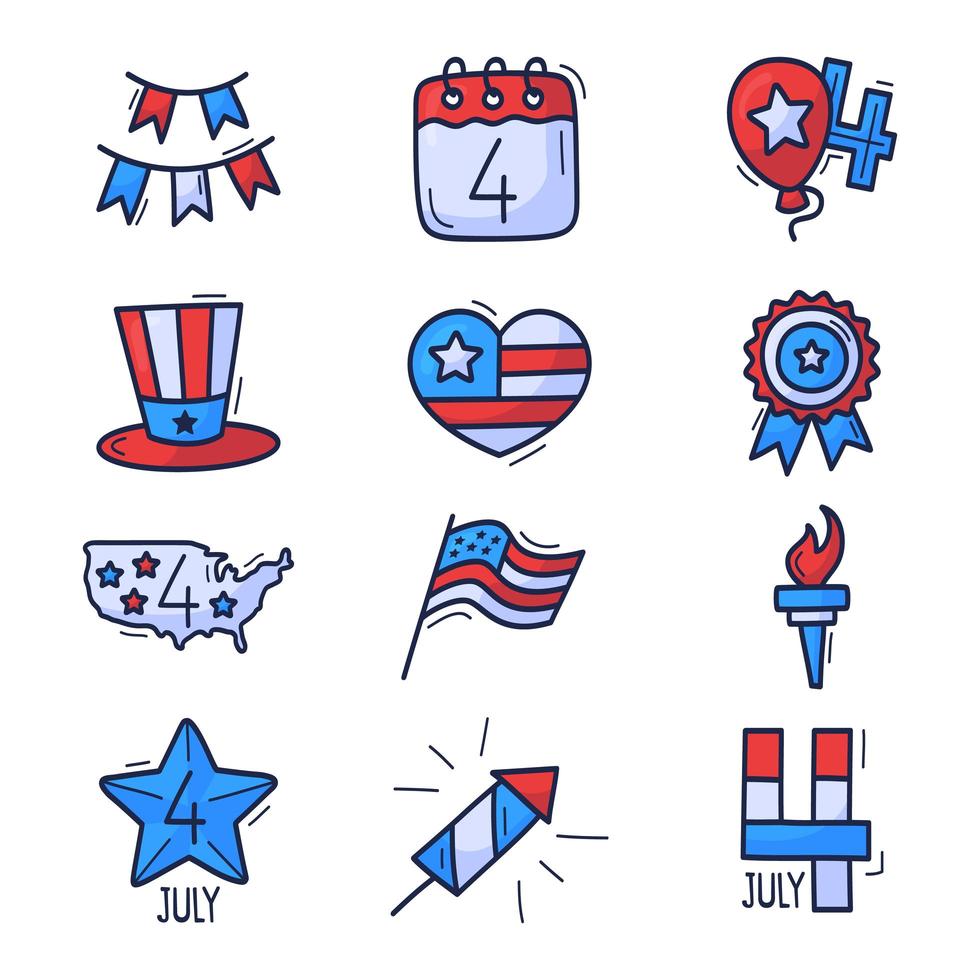 Set di icone del 4 luglio. Icone disegnate a mano di doodle del giorno dell'indipendenza degli Stati Uniti isolate su fondo bianco. mano disegnare stile cartone animato tradizionale Stati Uniti vettore