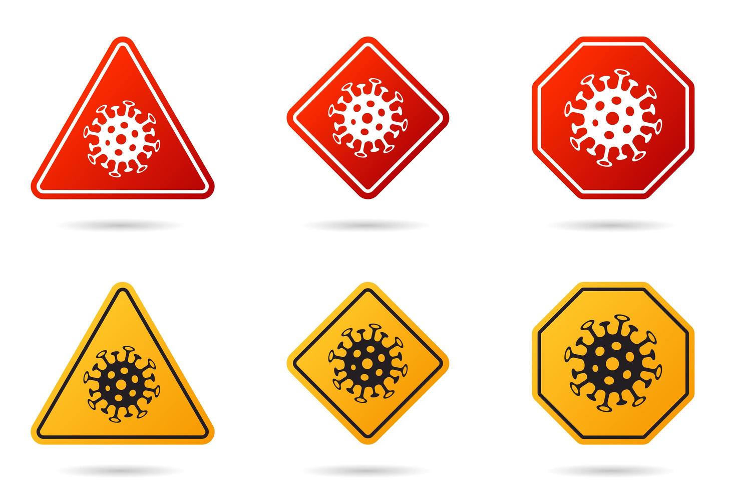set di segnale stradale di coronavirus. icona delle cellule dei batteri del coronavirus, 2019-ncov nei segnali stradali di cautela. simbolo di avvertimento di covid-19, mers-cov, nuovo coronavirus. set di icone vettoriali di epidemia