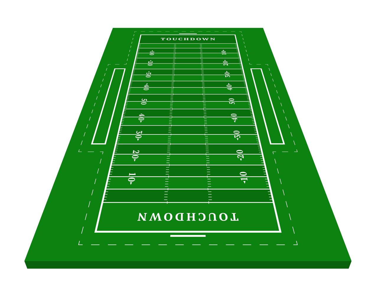 prospettiva verde campo di football americano. vista frontale. campo da rugby con modello di linea. illustrazione vettoriale stadio.