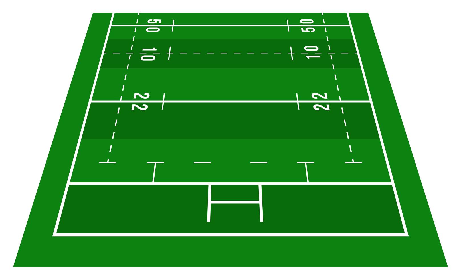 prospettiva verde rugby mezzo campo. vista frontale. campo da rugby con modello di linea. illustrazione vettoriale stadio.