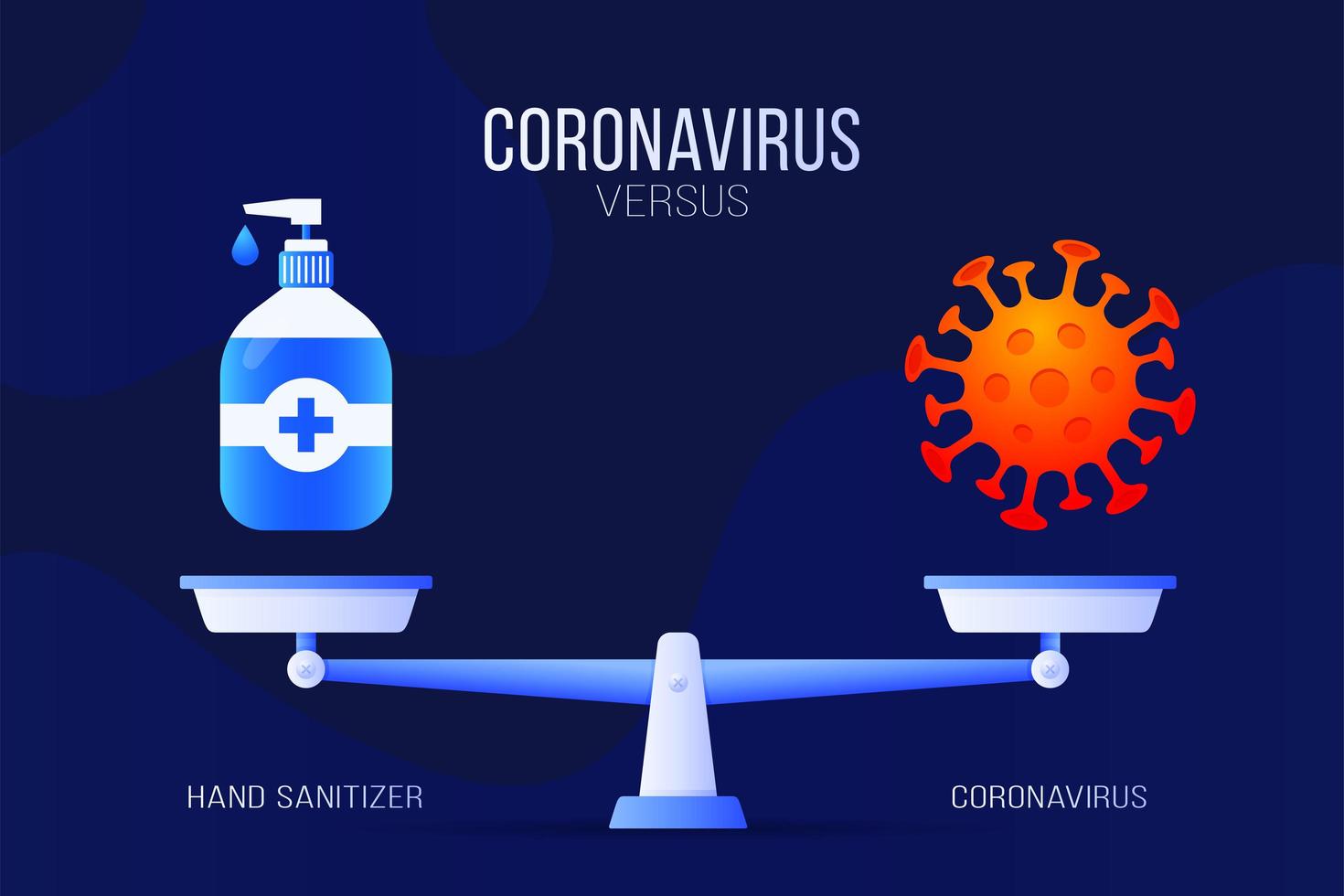 illustrazione vettoriale di coronavirus o disinfettante per le mani. concetto creativo di scale e versus, su un lato della bilancia si trova un virus covid-19 e sull'altro l'icona di disinfettante. illustrazione vettoriale piatta.