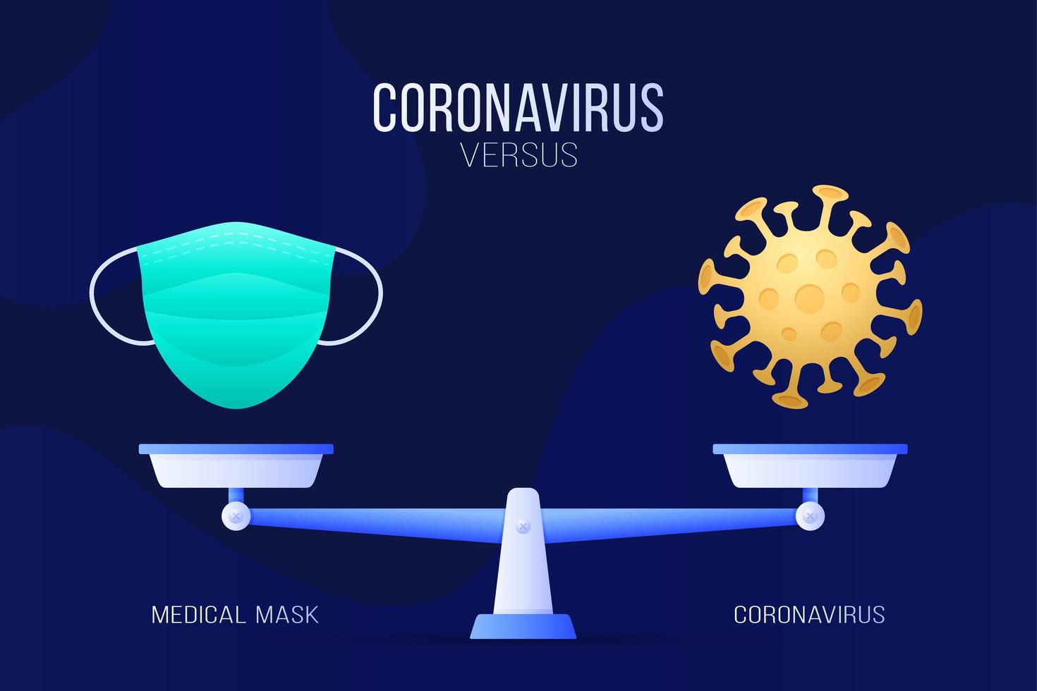coronavirus o illustrazione vettoriale maschera medica. concetto creativo di scale e versus, su un lato della scala si trova un virus covid-19 e sull'altro l'icona della maschera. illustrazione vettoriale piatta.