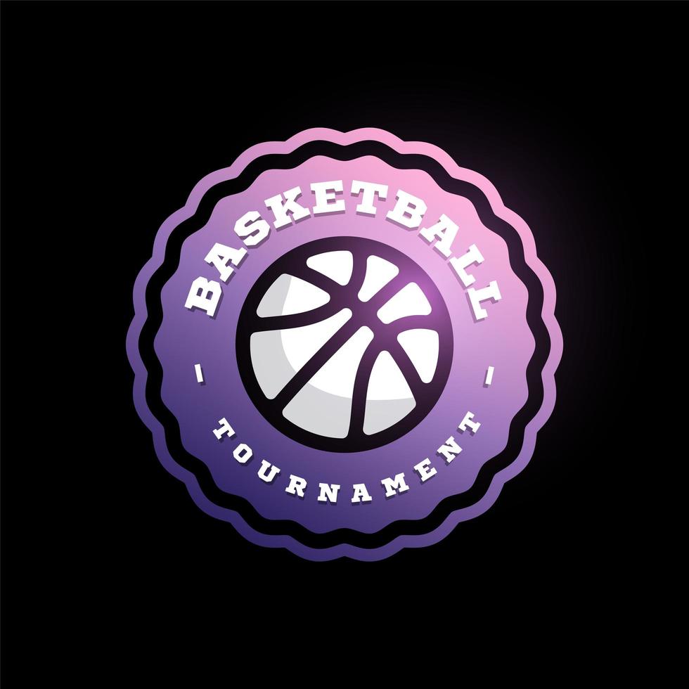 logo della lega di pallacanestro di vettore con la palla. distintivo sportivo di colore viola e bianco per campionato o campionato di torneo