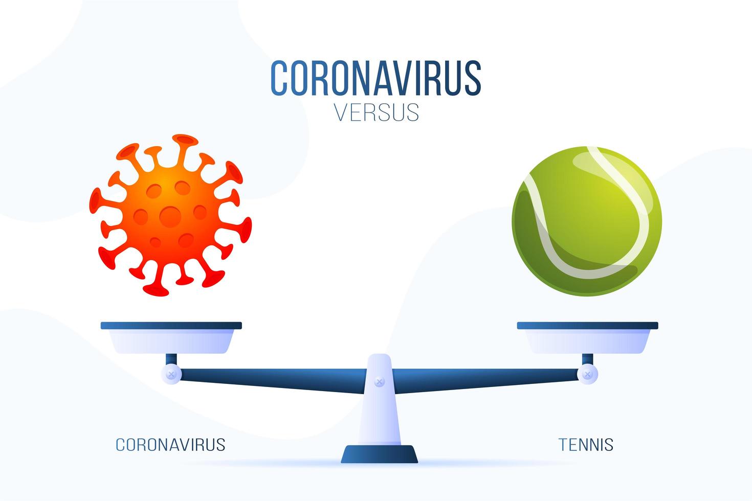 coronavirus o illustrazione vettoriale di tennis. concetto creativo di scale e versus, su un lato della scala si trova un virus covid-19 e sull'altro l'icona di una pallina da tennis. illustrazione vettoriale piatta.